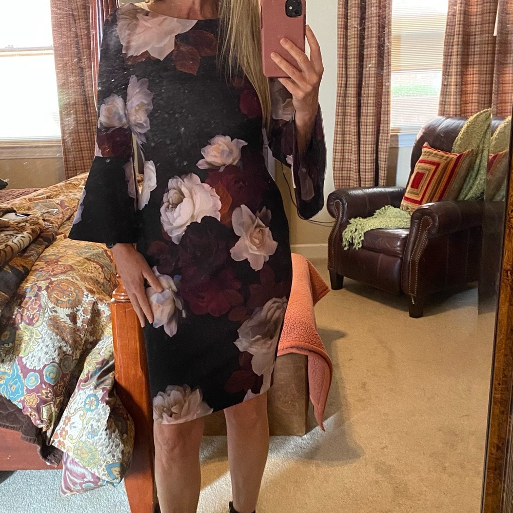 Calvin Klein Black Floral Bell-Sleeve Mini Dress